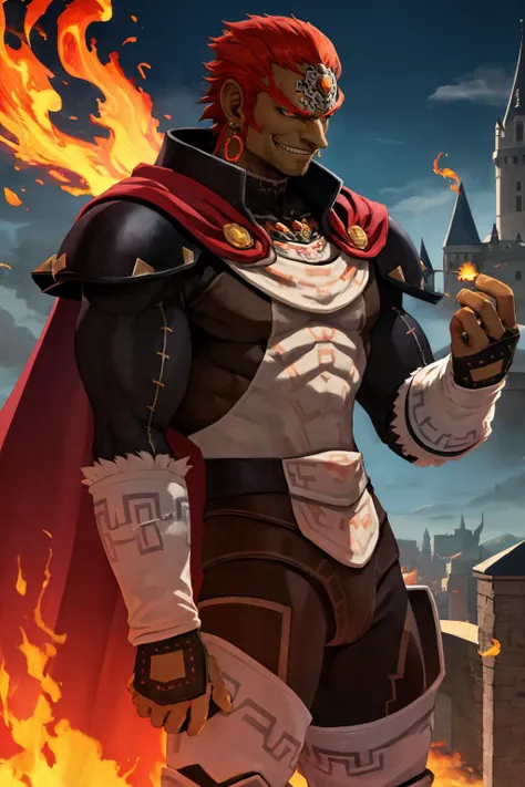 masterpiece, best quality, male focus, solo, <lora:ganondorf-nvwls-v1:0.8> ganondorf, dark skin, earrings, cape, armor, armored legwear, evil grin, darkness, dark, flames, fire, smoke, ash, castle