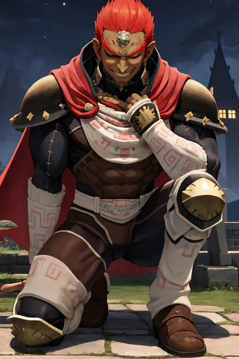 masterpiece, best quality, male focus, solo, <lora:ganondorf-nvwls-v1:0.8> ganondorf, dark skin, earrings, cape, armor, armored legwear, evil smile, shaded face, darkness, dark, night, dark, castle, looking at viewer, muscular, sweat, clenched hand, hand on own chest, one knee, grin, one eye closed, head down, looking at viweer
