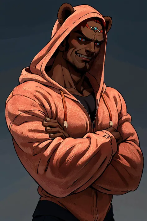 (masterpiece,best quality,absurdres,beautiful,aesthetic,detailed),simple background,upper body,1boy,ganondorf,dark skin,crossed arms,red hair,furrowed brown,grin,t3ddy, wearing brown fluffy onsie with bear ears,hood up <lora:t3ddy:0.7>  <lora:ganondorf-nvwls-v1:0.9>