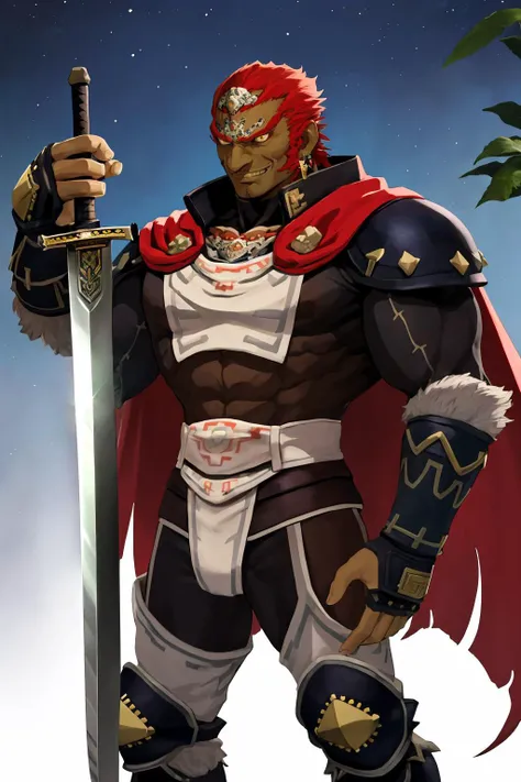masterpiece, best quality, male focus, solo, <lora:ganondorf-nvwls-v1:0.8> ganondorf, dark skin, earrings, cape, armor, armored legwear, evil smile, shaded face, darkness, dark, night, dark, holding sword, huge sword, (broadsword:1.3), two-handed sword, huge weapon, black sword, knight, (planted sword:1.5)
