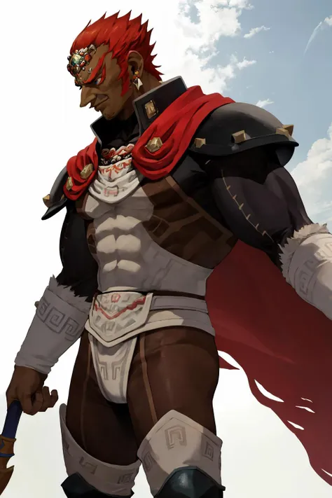 masterpiece, best quality, male focus, solo, <lora:ganondorf-nvwls-v1:0.8> ganondorf, dark skin, earrings, cape, armor, armored legwear