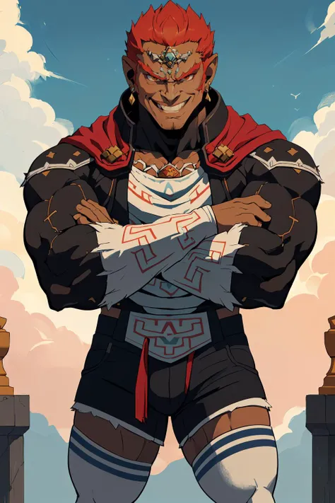 (masterpiece,best quality,absurdres,beautiful,sharp,detailed),ganondorf,1boy,dark skin,earrings,crossed arms,muscular,grin,shorts,portkhth, thighhighs  <lora:sportkhth:1> <lora:ganondorf-nvwls-v1:0.8>