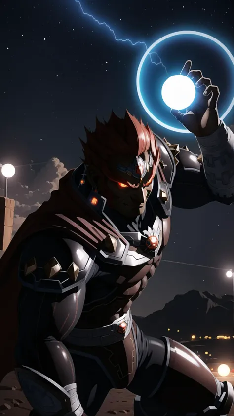 <lora:ganondorf-nvwls-v1:0.8> ganondorf, 1boy, red hair, dark skin, earrings, cape, armor, armored legwear, evil grin, BREAK, <lora:darkness_v100:0.5> (at night, darkness, no light:1.25), <lora:gloweyes_v100:0.5> (glowing eyes:1.25), BREAK, <lora:Kamehameha_V1-10:0.5> kamehameha, charging, look at viewer, energy ball, electricity, aura, masterpiece, best quality, extremely detailed, highly quality, 4k, sharp focus, professional, sharp focus, award winning, cinematic lighting, octane render, unreal engine, volumetrics dtx, Wallpaper,