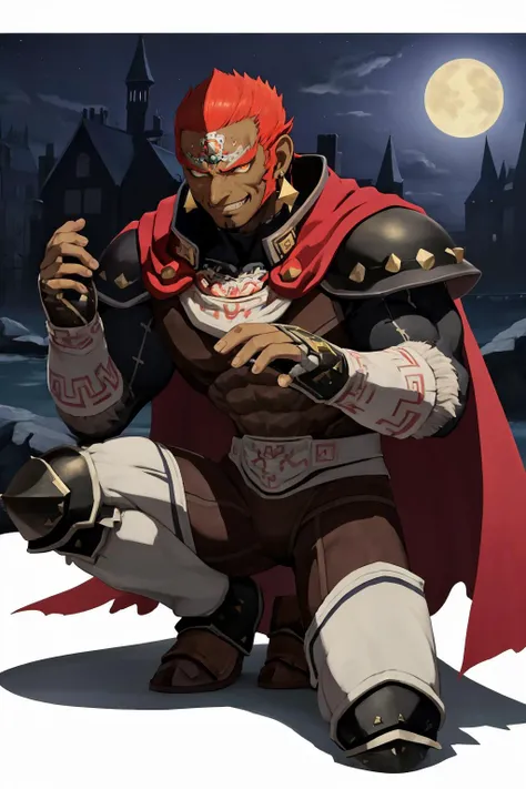masterpiece, best quality, male focus, solo, <lora:ganondorf-nvwls-v1:0.8> ganondorf, dark skin, earrings, cape, armor, armored legwear, evil smile, shaded face, darkness, dark, night, dark, castle, looking at viewer, muscular, sweat, clenched hand, own hands together, one knee,