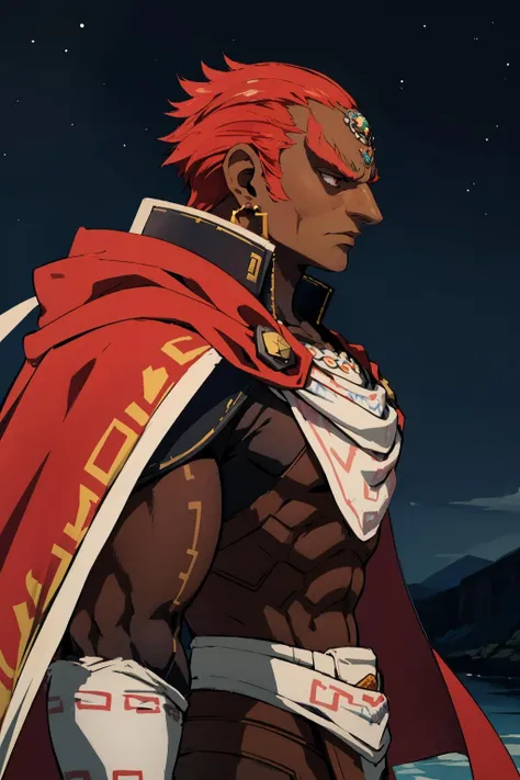 masterpiece, best quality, <lora:ganondorf-nvwls-v1-000008:0.9> ganondorf, earrings, cape, armor, dark skin, armored legwear, furrowed brow, upper body, serious, from side, night, chiaroscuro, shaded eyes
