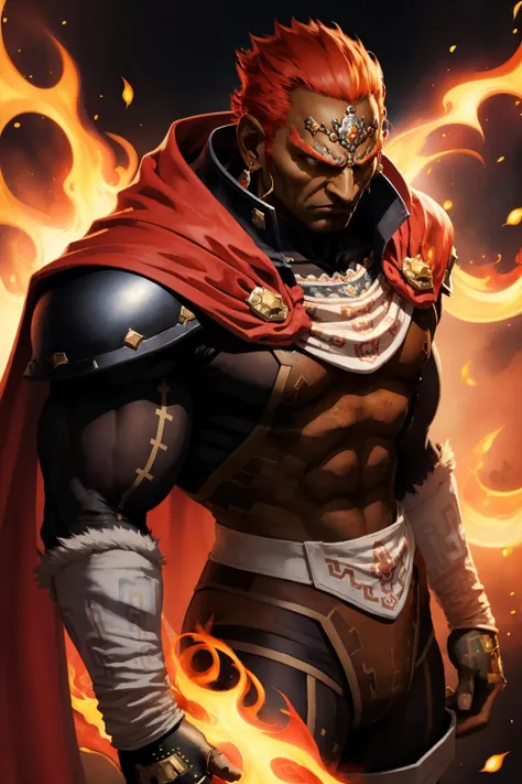 Anime male dark skinned that has musculars doctor with pants and he has white hair with red eyes.