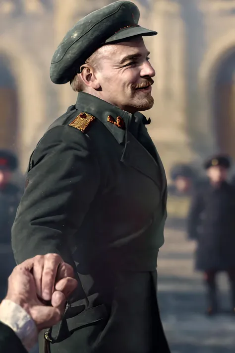 <lora:leninvi:0.8> leninvi, [Stalin | Lenin], Jude Smith, Eddy Shinjuku, smiling, (masterpiece) (best quality) (detailed) (8k) (cinematic lighting) (intricate), incrsholdinghandspov, from the side, soviet tunic,  <lora:HoldingHandsPov:1>
