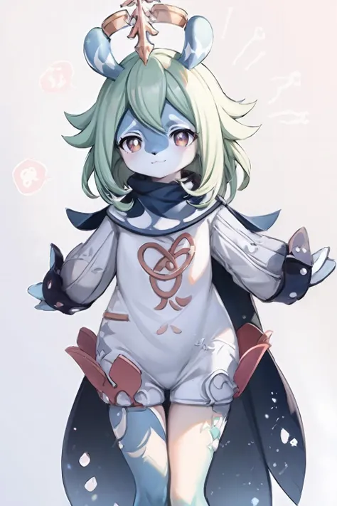 masterpiece, best quality, <lora:Melusine:1>,(furry, melusine,:1.3), <lora:paimon:1>,paimon \(genshin impact\), halo,white hair,white dress,cape,simple background, blue skin