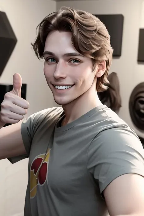 8k portrait of of j985, brown hair, t-shirt, upper body, male, smiling, grinning, thumbs up, masterpiece, trending on artstation, <lora:jerma985lorav1:1>