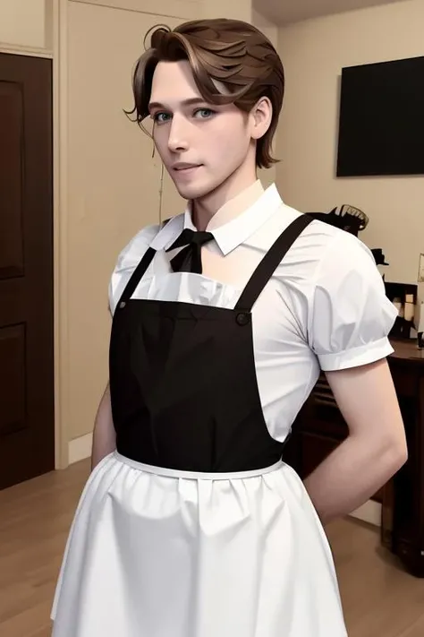 8k portrait of of j985, male, brown hair, full body, maid outfit, winking, maid dress, maid skirt, maid apron, masterpiece, trending on artstation, <lora:jerma985lorav1:1>