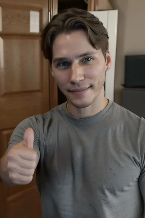 8k portrait of of j985, brown hair, t-shirt, upper body, male, smirk, thumbs up, masterpiece, trending on artstation, <lora:jerma985lorav1:1>