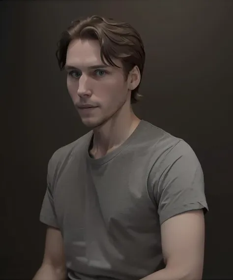 8k portrait of of j985, male, brown hair, plain grey t-shirt, masterpiece, trending on artstation, simple background, black background, dimly lit, <lora:jerma985lorav1:1>