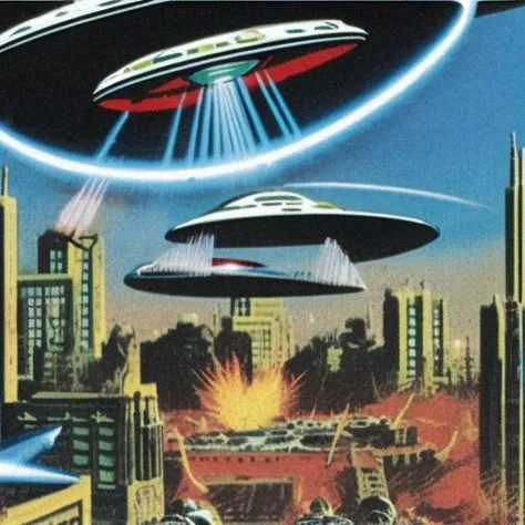 a flay saucer destroying a building with a raygun in the style marsattacks, highly detailed