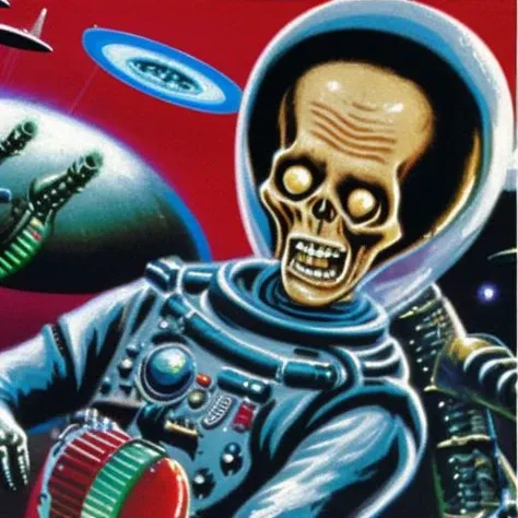 a portrait painting an alien in a space suit with a ray gun in the style marsattacks