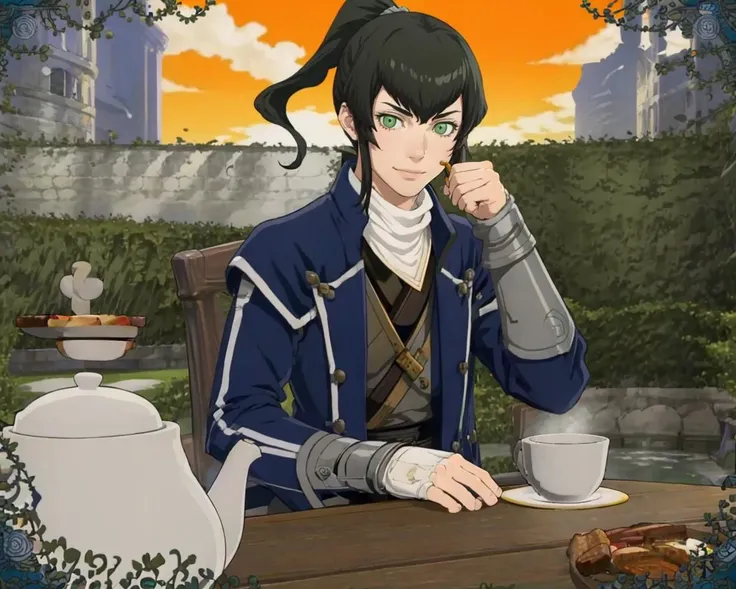 masterpiece, best quality, solo, 1boy, smirk, looking at viewer,   <lora:zs_Flynn:1>, flynnsmt, ponytail, black hair, green eyes, coat, <lora:Teatime-concept_Fp:0.8>, cup, table, food, teapot, outdoors, sitting