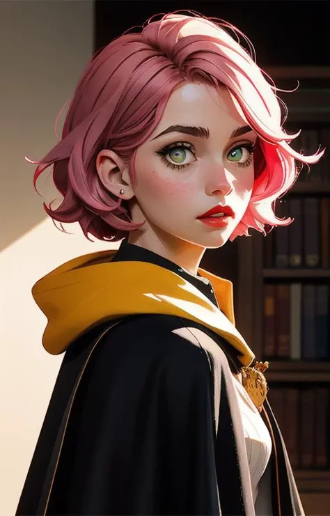 a woman with pink hair and a black cape is standing in front of a bookcase