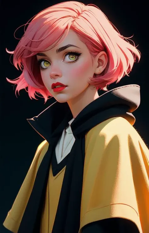 a woman with pink hair and a yellow cape is posing