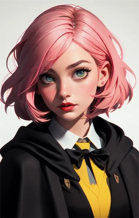 1girl, short pink hair,(hufflepuff House Cloak),( inner cloak yellow:1), (outer cloack black:1),yellow eyes, looking at viewer, solo, upper body,(masterpiece:1.4),(best quality:1.4),red lips,parted lips, hogwarts castle:1,dramatic shadows,extremely_beautiful_detailed_anime_face_and_eyes,an extremely delicate and beautiful,dynamic angle, cinematic camera, dynamic pose,depth of field,chromatic aberration,backlighting,Watercolor, Ink, epic, candystyle,