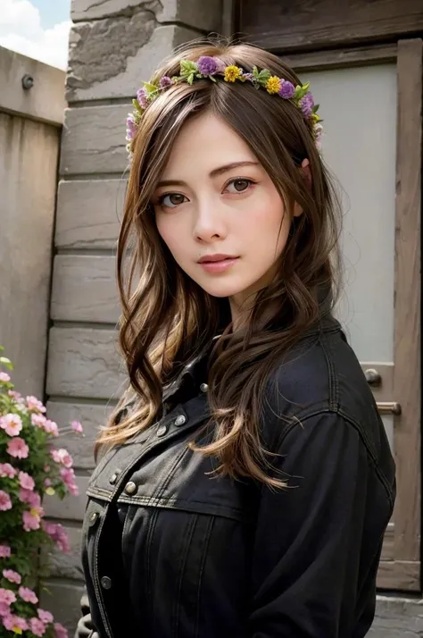 mai 1girl, a young woman, upper body, (looking at viewer:1.3), (schoolgirl jacket), (flower crown), (beautiful city, beautiful sky background), natural skin color, (closed mouth:1.2), (medium breast), floating hair, beautiful expression, face detailed, eyes detailed, iris detailed, masterpiece, best quality, photorealistic, hyper realistic, ultra detailed, perfect lighting, depth of field, shadows, highres, <sayhello0o-lora:shiraishimai-0.5:1>