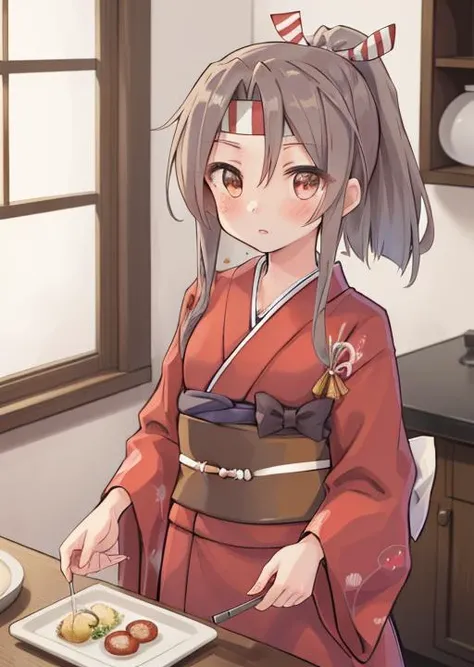 masterpiece, best quality, highres, 1girl,<lora:kancolle_zuihou:0.7>,zuihounewyear, high ponytail, headband, hachimaki, japanese clothes, red kimono, wide sleeves, sash, obi, cooking omulet,retro window,WW2 age room