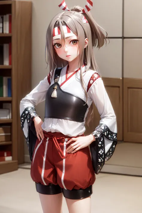 (masterpiece, best quality:1.2), <lyco:kancolle_zuihou-17:1.0>, cowboy shot, solo, 1girl, zuihou, expressionless, looking at viewer, hand on hip, high ponytail, headband, hachimaki, japanese clothes, wide sleeves, muneate, shorts