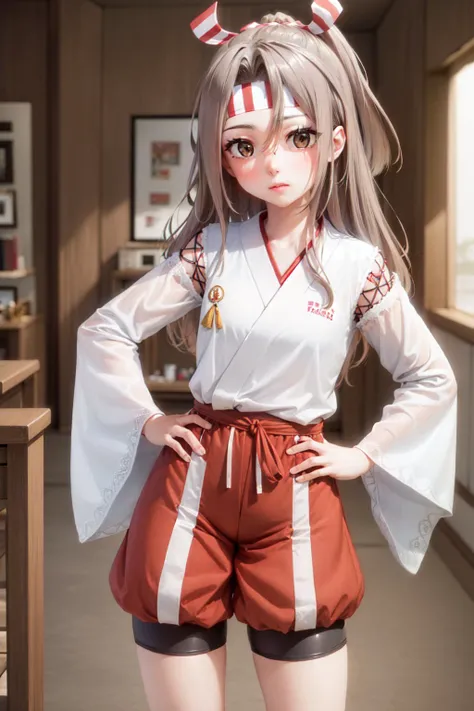 (masterpiece, best quality:1.2), <lyco:kancolle_zuihou-17:1.0>, cowboy shot, solo, 1girl, zuihou, expressionless, looking at viewer, hand on hip, high ponytail, headband, hachimaki, japanese clothes, wide sleeves, muneate, shorts