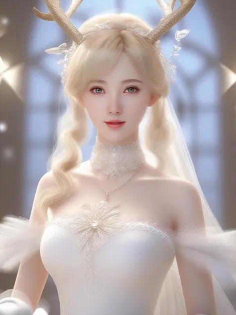 ((Very detailed CG)),1girl,masterpiece,exquisite CG rendering,(high detail skin:1),smooth skin,super high resolution,sparkling eyes,perfect body,feminine body,refined facial features,gloves, white_gloves, dress, white_legwear, solo, blonde_hair,antlers 
<lora:sl_btf:0.8>