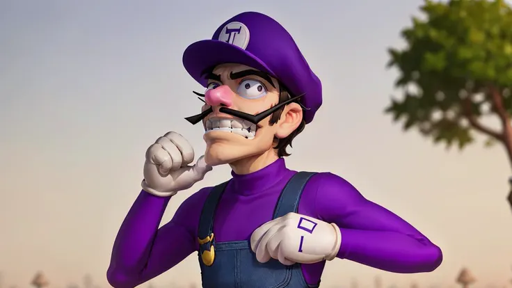 <lora:Waluigi2:1>, 1boy, solo, mustache, gloves, grin, overalls, facial hair, purple shirt, brown hair, white gloves, hat