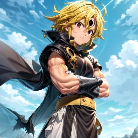 masterpiece, best quality, ultra-detailed, illustration, 1 boy, male figure, muscles on the arms, solo, looking at the viewer, standing in the sky, blue sky, white clouds, serious facial expression, frowning, meliodas_nanatsu_no_taizai_demon, blond hair, very black eyes, empty eyes, white cloak, long cloak, vest, bare shoulders, white gloves, black pants, iron boots, five fingers, straight fingers, crossed arms, open forehead, demon mark on forehead <lora:meliodas_nanatsu_no_taizai:1> <lora:add_detail:1>