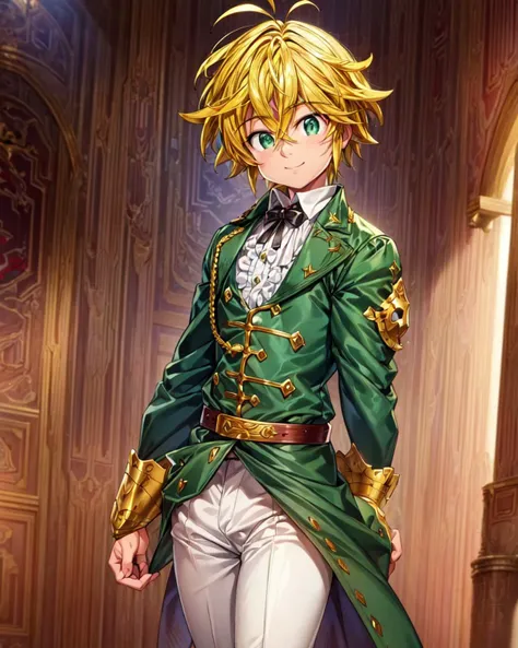 (masterpiece), (best quality), (ultra-detailed), (illustration), 1 boy, male figure, solo, looking at viewer, meliodas_nanatsu_no_taizai_demon, <lora:meliodas_nanatsu_no_taizai:1>, blond hair, very green eyes, white aristocracy costume, white gloves, black trousers, crossed arms, five fingers, straight fingers, smiling,   <lora:add_detail:1>