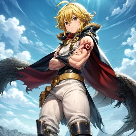 masterpiece, best quality, ultra-detailed, illustration, 1 boy, male figure, muscles on the arms, solo, looking at the viewer, standing in the sky, blue sky, white clouds, serious facial expression, frowning, meliodas_nanatsu_no_taizai_demon, blond hair, very black eyes, empty eyes, white cloak, long cloak, vest, bare shoulders, white gloves, black pants, iron boots, five fingers, straight fingers, crossed arms, open forehead, demon mark on forehead <lora:meliodas_nanatsu_no_taizai:1> <lora:add_detail:1>