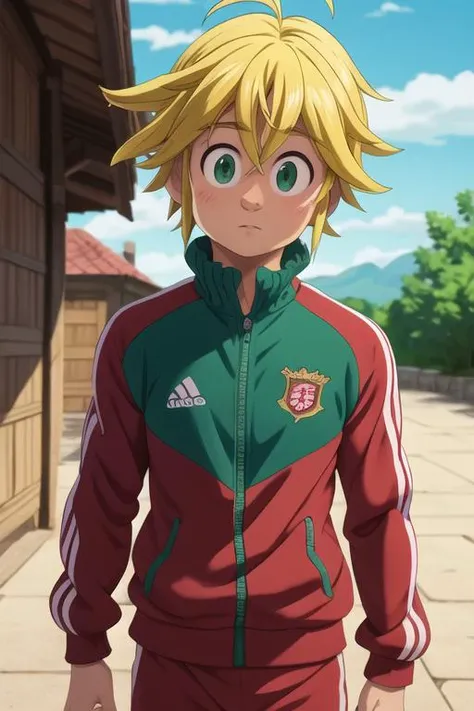 masterpiece, best quality, ultra-detailed, illustration, 1boy, solo, male focus, looking at viewer, , depth of field, <lora:meliodas_nanatsu_no_taizai:0.76>, meliodas_nanatsu_no_taizai, blonde hair, green eyes, track suit