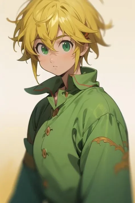 masterpiece, best quality, ultra-detailed, illustration, 1boy, solo, male focus, looking at viewer, upper body, depth of field, <lora:meliodas_nanatsu_no_taizai:0.70>, meliodas_nanatsu_no_taizai, blonde hair, green eyes, pajamas