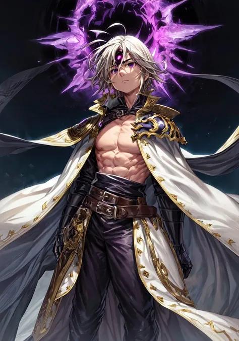 anime character with a sword and a purple background, keqing from genshin impact, ashe, badass anime 8 k, best anime 4k konachan wallpaper, zhongli from genshin impact, zerochan art, hero 2 d fanart artsation, key anime art, detailed fanart, beautiful male god of death, onmyoji portrait, detailed digital anime art, realistic, UHD, super detail, mmasculine, mascular