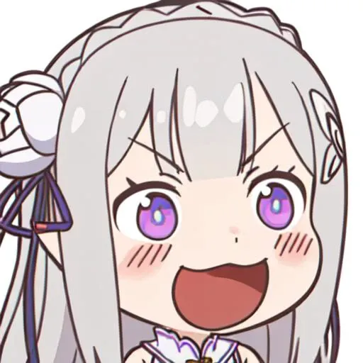 Chibiemi,phemilia,1girl,solo,chibi,grey hair,low-tied long hair,blush,elf,white background,laughing,Eyebrow down,big mouth,<lora:chibi-laugh:0.6>,<lora:Emilia_v1_FB:0.6>,