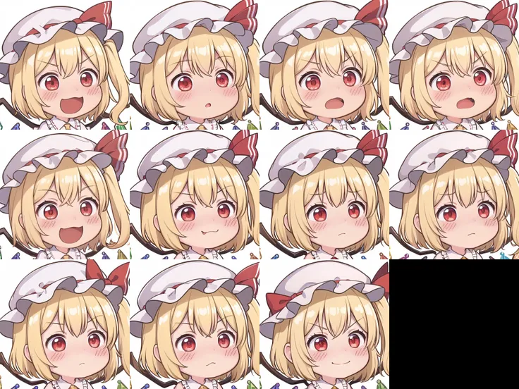 <lora:chibi-laugh:1:1:lbw=0,0,0,0,0.5,1,1,1,0.5,0,1,0,0,0,0,0,0>, chibi, 1girl, white background, {{:d|(:o:1.3)|(doyagao:1.1)|(aroused:1.1)|(smile:1.1)},open mouth|{:p|:q|:)|:<|:>|smirk}, closed mouth},
<lora:flandre_scarlet-10:0.8>,(flandre_scarlet:1.3), red eyes, pale skin, wings, crystal, hat, shirt, frills, ribbon, red vest, red skirt, one side up, puffy sleeves, white mob cap,blonde hair,