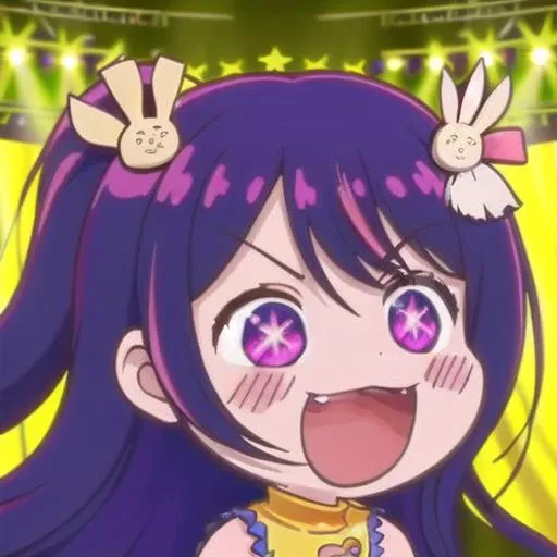 ((masterpiece)), ((high quality)), detailed, 1girl, solo, chibi, laughing, <lora:expression_chibi-laugh:0.7>, bright lighting portrait, (face focus:1.2), looking at viewer, facing viewer, masterpiece, best quality, 1girl, (singing), <lora:character_HoshinoAi_v9:0.9>, Hoshino Ai, long hair, purple hair, streaked hair,purple eyes, star-shaped pupils, hair ornament, cinematic light,(upper body),floating hair, stage,stage lights, seductive smile, half-closed eyes, sleeveless dress,