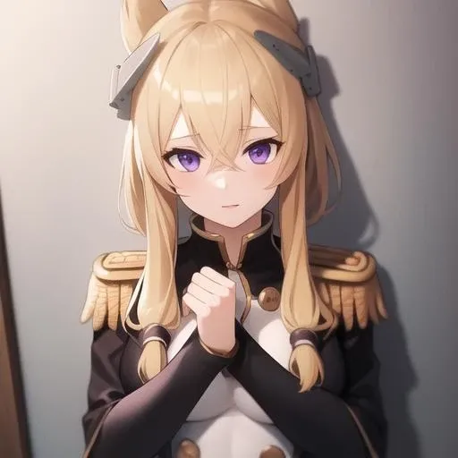 (masterpiece, best quality:1.2),illustration,8k,hd,1girls,solo,breasts,upper body,(portrait:1.2),blonde_hair,long_hair,purple_eyes,bangs,hair_between_eyes,headgear,sidelocks,epaulettes,no skirt,black panties,white thighhighs,Boots,<lora:warspite>,