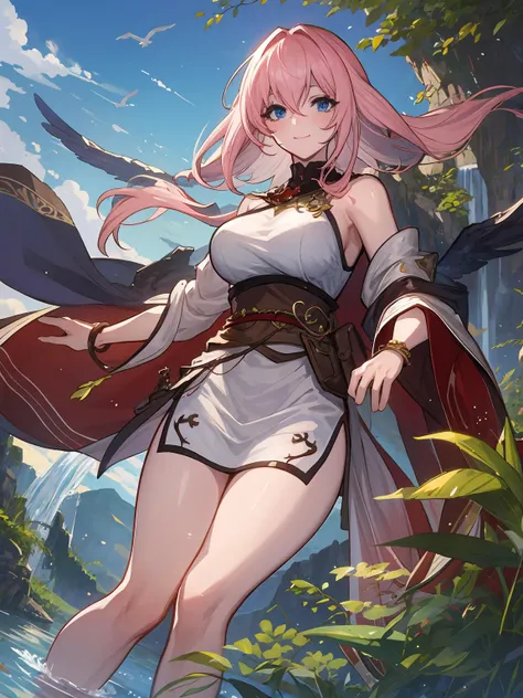masterpiece,best quality,highres,cinematic lighting,dramatic angle,1girl,<lora:ShadowverseViridiaMagnaV1-000015:0.8> ,alternative2,pink hair,messy hair,long hair,armor,detahced sleeves,bare shoulders,cape,white dress,,thick thighs,looking at viewer,woods,waterfall,in wild,floating leaf,huge breasts,blue eyes,smile,birds,animals,blue sky,depth of field,sandals,wide sleeves,jewelry,bracelet,sash,ribbon