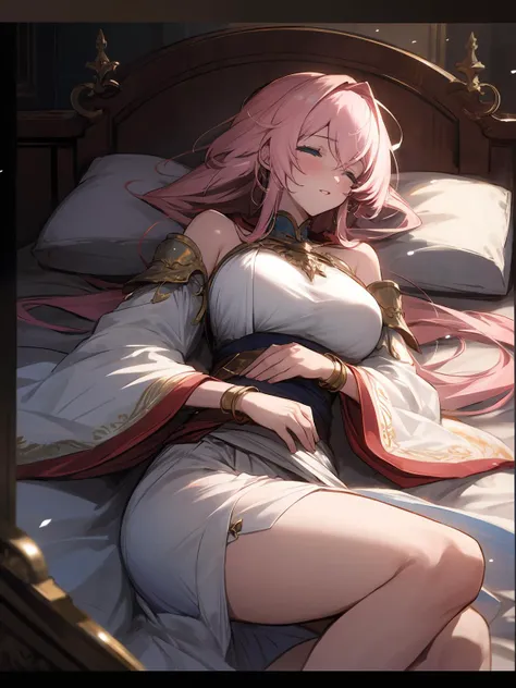 masterpiece,best quality,highres,cinematic lighting,dramatic angle,1girl,<lora:ShadowverseViridiaMagnaV1-000015:0.8> ,alternative2,pink hair,messy hair,long hair,armor,detahced sleeves,bare shoulders,cape,white dress,thick thighs,looking at viewer,sleeping,on back,bed,lying,half-closed eyes,huge breasts,blue eyes,parted lips,depth of field,wide sleeves,jewelry,bracelet,sash,ribbon