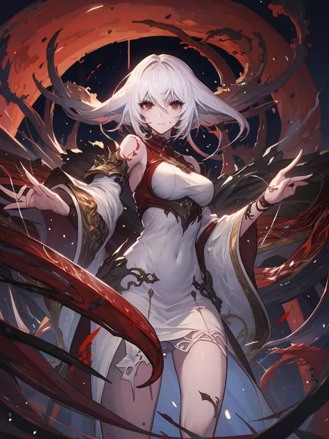 masterpiece,best quality,highres,cinematic lighting,dramatic angle,1girl,<lora:ShadowverseViridiaMagnaV1-000015:0.8> ,alternative1,white hair,magic,claws,tentacles,wide sleeves,white dress,torn clothes,angry,red eyes,long hair,messy hair,vines,detached sleeves,armor,bare shoulders,tattoo,long skirt,jewelry,runes,legs,looking at viewer,depth of field,blood,fog,cowboy shot,breastplate