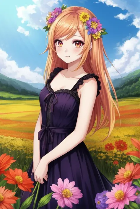 anime high resolution professional photo of beautiful detailed face female wearing dress hdr colorful shadow contrast flower makeup styled hair scenic field of flowers background