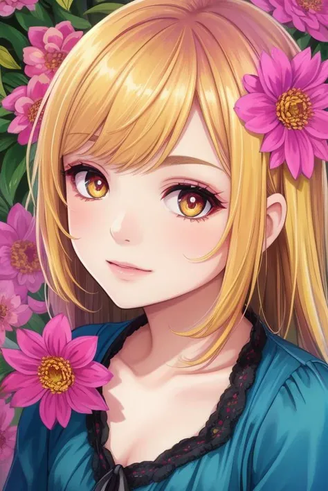 high resolution professional headshot of beautiful detailed face female wearing dress hdr colorful shadow contrast flower makeup (depth of field) styled hair scenic field of flowers background sharp focus