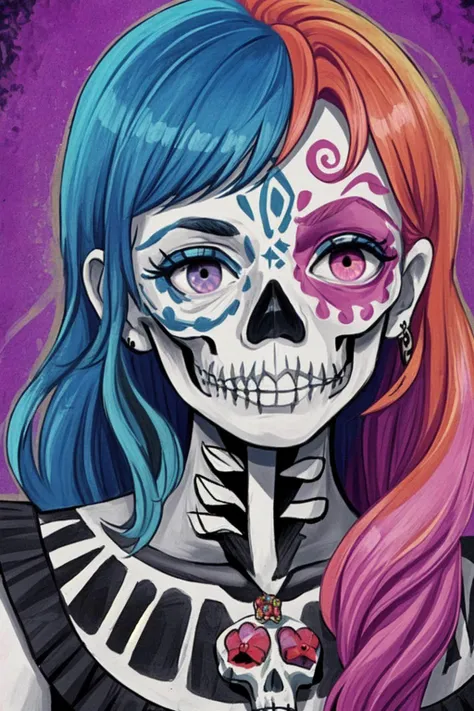 (Pablo Picasso: 1.7), (day of the dead), (skeleton face paint: 1.3), ornate jewelry, gems, fiery eyes, closeup, face jewelry, (pink hair), jewels, long hair, tons of ornate jewelry, plump lips, colorful, colorful makeup
