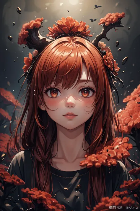 (masterpiece:1.0), (highest quality:1.12), (HDR:1.0), a girl, illustration, cover art, (black:1.2), portrait , coral background, splash, 111cine8matic55