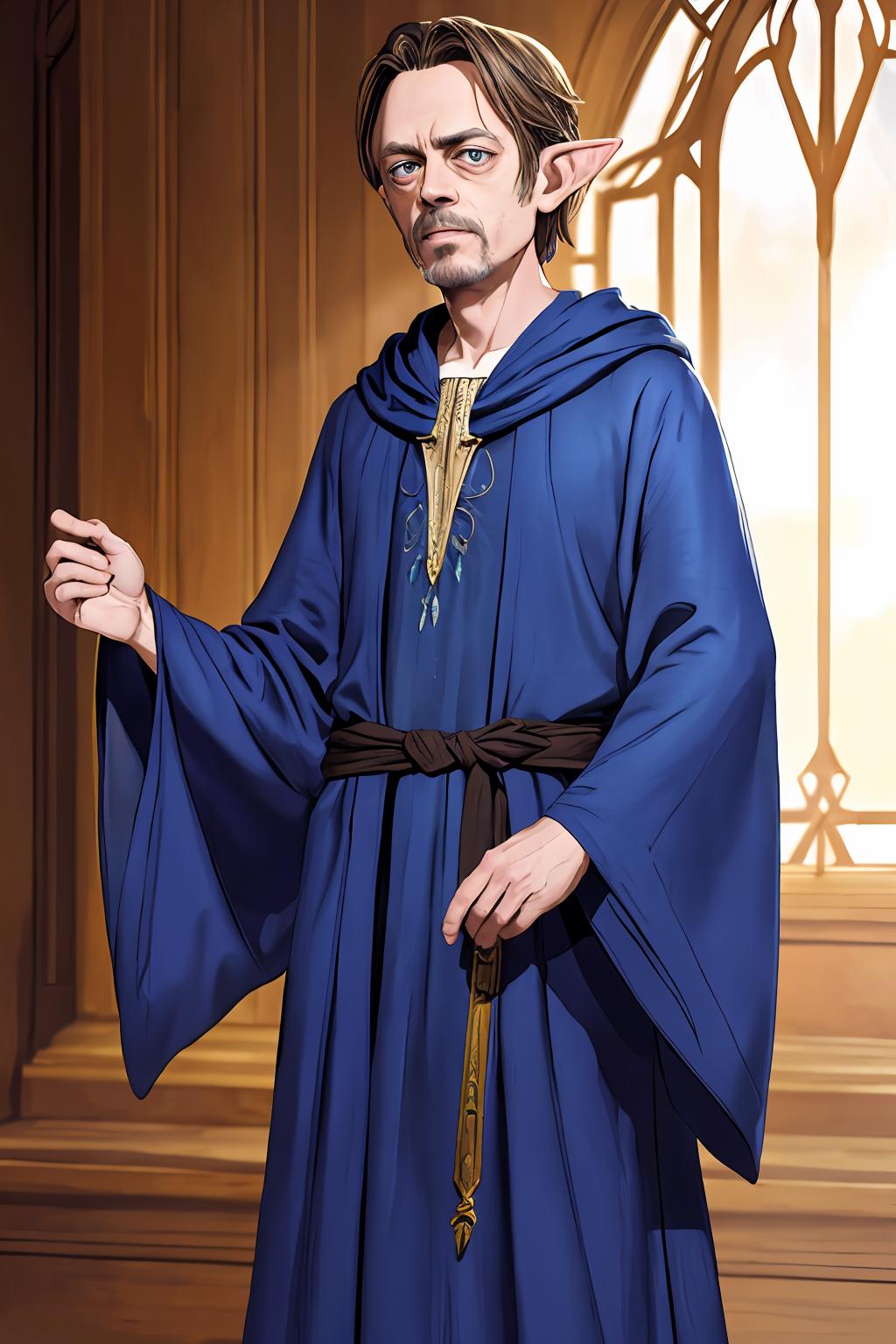 A cartoon of a man dressed in blue holding a wand - SeaArt AI