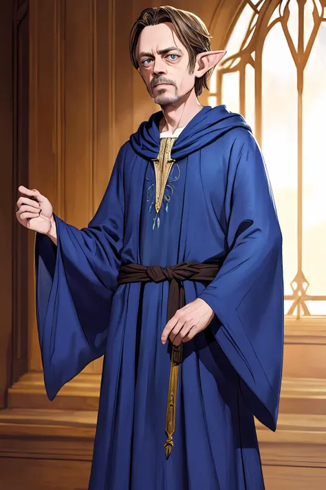 High resolution image of steve buscemi as elvish nobleman, tired look, blue robes, long pointed ears, (high detail face), perfect eyes, intricate jewelry, Hazy lighting
