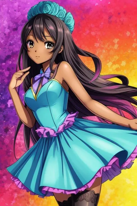 anime drawing of beautiful african female detailed face cute formalwear dress stockings colorful hdr