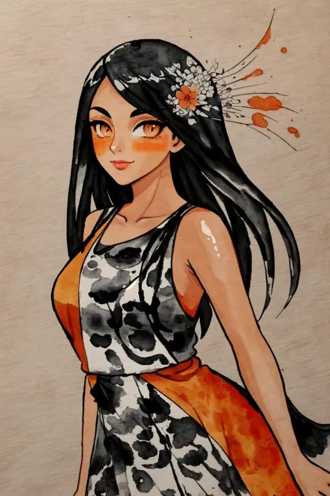 woman, ((ink wash painting)), dress, orange accents, angular face, hispanic, ((tan skin))