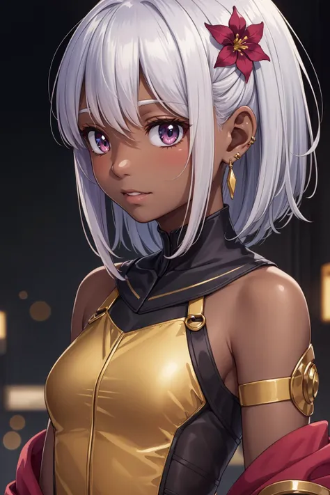 (masterpiece:1.1), (highest quality:1.1), (HDR:1.0), anime wallpaper of an (anticipating:1.18) girl, (best colors), (yellow futuristic metal wear:0.9), (1girl), (dark skin), (profile:0.9), (straight-on), looking at viewer, solo, facing viewer,magenta, (detailed background), (abstract background), sidelocks tied back, gold eyes, silver hair, hair up, short hair, hair flower, official art, high detail, (promotional:0.9), coral, earrings, armlet, (ceative:1.3)